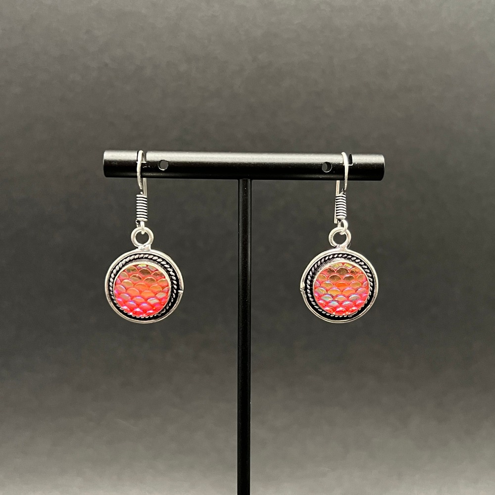 Mermaid Scale Earrings Silver Tone Pink Orange Iridescent Boho Coastal Festival